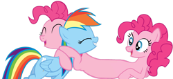 Size: 1512x691 | Tagged: artist needed, safe, derpibooru import, pinkie pie, rainbow dash, earth pony, pegasus, pony, conjoined, eyes closed, hug, smiling, wat, wide eyes