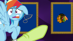 Size: 1920x1080 | Tagged: safe, derpibooru import, edit, edited screencap, screencap, granny smith, rainbow dash, pegasus, pony, grannies gone wild, chicago blackhawks, exploitable meme, granny smith choosing poster, hockey, ice hockey, meme, nhl, rivalry, sports, st. louis blues