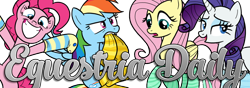 Size: 1000x350 | Tagged: safe, artist:drawponies, derpibooru import, fluttershy, pinkie pie, rainbow dash, rarity, earth pony, pegasus, pony, unicorn, biting, clothes, equestria daily, grin, header, socks