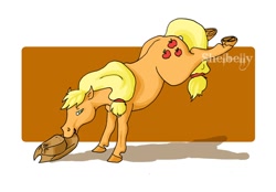 Size: 1024x712 | Tagged: safe, artist:shelbelly, applejack, earth pony, pony, kicking, mouth hold, realistic, solo