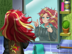 Size: 869x650 | Tagged: safe, artist:racoonsan, sunset shimmer, human, eqg summertime shorts, equestria girls, monday blues, bathroom, bed hair, bottle, cactus, clothes, cute, female, finger gun, finger guns, hoodie, majestic as fuck, mane 'n tail, messy hair, mirror, nailed it, pointing, reflection, scene interpretation, shimmerbetes, smiling, solo, sunset's apartment, tired