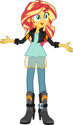 Size: 3000x5132 | Tagged: safe, artist:uponia, sunset shimmer, equestria girls, absurd resolution, boots, clothes, female, jacket, pants, shirt, shoes, simple background, smiling, solo, transparent background, vector