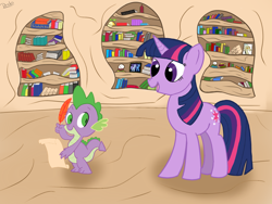 Size: 1600x1200 | Tagged: safe, artist:dragonfoorm, derpibooru import, spike, twilight sparkle, dragon, golden oaks library