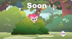 Size: 848x467 | Tagged: safe, screencap, pinkie pie, earth pony, pony, filli vanilli, hub logo, image macro, meme, solo, soon