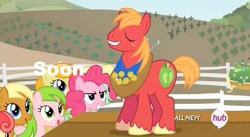 Size: 847x465 | Tagged: safe, screencap, big macintosh, pinkie pie, earth pony, pony, filli vanilli, faic, hub logo, image macro, male, meme, soon, stallion