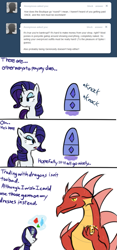 Size: 597x1280 | Tagged: safe, artist:bambooharvester, basil, rarity, dragon, pony, unicorn, ask, rarity replies, tumblr