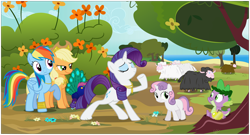 Size: 9000x4858 | Tagged: safe, artist:xenoneal, derpibooru import, applejack, rainbow dash, rarity, scootaloo, spike, sweetie belle, dragon, earth pony, peacock, pegasus, pony, sheep, unicorn, .svg available, absurd resolution, fine art parody, golden apple, the judgement of paris, vector