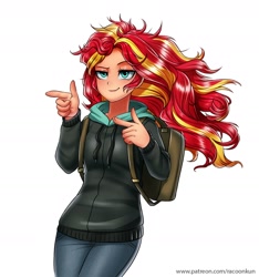 Size: 1600x1713 | Tagged: safe, artist:racoonsan, sunset shimmer, eqg summertime shorts, equestria girls, monday blues, backpack, bed hair, clothes, cute, female, finger gun, finger guns, flowing hair, hoodie, jeans, lidded eyes, majestic as fuck, pants, shimmerbetes, simple background, smiling, smirk, solo, story in the comments, sunset fonz, white background, wind