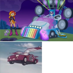 Size: 594x592 | Tagged: safe, screencap, dj pon-3, sunset shimmer, vinyl scratch, equestria girls, rainbow rocks, bassmobile, lyrics in the comments, m.a.s.k