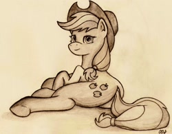 Size: 1024x798 | Tagged: safe, artist:artofcanterlot, applejack, earth pony, pony, looking back, monochrome, prone, solo, traditional art