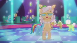 Size: 2560x1440 | Tagged: safe, derpibooru import, screencap, apple rose, auntie applesauce, goldie delicious, granny smith, rainbow dash, svengallop, pegasus, pony, grannies gone wild, dancing