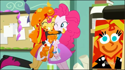 Size: 1280x720 | Tagged: safe, screencap, pinkie pie, sunset shimmer, eqg summertime shorts, equestria girls, the art of friendship, duo, grin, happy, hug, pinkie's portrait, smiling