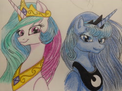 Size: 4160x3120 | Tagged: safe, artist:theroyalprincesses, princess celestia, princess luna, alicorn, pony, back to back, smiling, traditional art