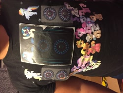 Size: 3264x2448 | Tagged: safe, bon bon, derpy hooves, dj pon-3, doctor whooves, lyra heartstrings, rainbow dash, sweetie drops, vinyl scratch, pegasus, pony, g4, clothes, male, merchandise, shirt, stallion, welovefine