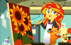 Size: 1245x784 | Tagged: safe, screencap, drama letter, sunset shimmer, watermelody, eqg summertime shorts, equestria girls, the art of friendship, apron, clothes, meme origin, painting, sunflower, sunset's painting