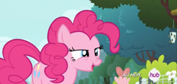 Size: 1361x648 | Tagged: safe, screencap, pinkie pie, earth pony, pony, filli vanilli, hub logo, hubble, solo