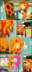 Size: 1478x3354 | Tagged: safe, screencap, pinkie pie, sunset shimmer, eqg summertime shorts, equestria girls, the art of friendship, apron, clothes, comic, hug, painting, pinkie's portrait, screencap comic, sunflower, sunset's painting