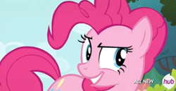 Size: 1244x643 | Tagged: safe, screencap, pinkie pie, earth pony, pony, filli vanilli, all new, dreamworks face, hub logo, hubble, solo, text