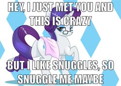 Size: 1228x868 | Tagged: safe, artist:wonkysole, edit, rarity, pony, unicorn, bedroom eyes, call me maybe, image macro, imma snuggle you, looking at you, looking back, meme, plot, raised hoof, smiling, snuggling, towel