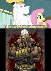 Size: 640x890 | Tagged: safe, bulk biceps, fluttershy, pegasus, pony, rainbow falls, blonde, blonde mane, blonde tail, blue eyes, curtain, ear piercing, female, looking to side, looking to the right, male, mare, meme, naruto, open mouth, piercing, pink mane, pink tail, raikage, red eyes, replacement meme, smiling, spread wings, stallion, text, white coat, wings, yellow coat