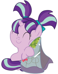 Size: 1700x2150 | Tagged: safe, artist:meltingman234, starlight glimmer, pony, unicorn, the parent map, blanket, cute, female, filly, filly starlight glimmer, glimmerbetes, hnnng, pigtails, simple background, smiling, solo, transparent background, vector, weapons-grade cute, younger