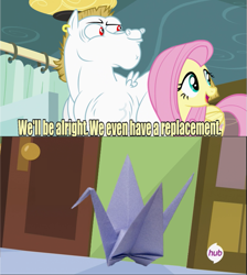 Size: 641x715 | Tagged: safe, bulk biceps, fluttershy, pegasus, pony, rainbow falls, blonde, blonde mane, blonde tail, blue eyes, crane, curtain, ear piercing, exploitable meme, female, looking to side, looking to the right, male, mare, meme, open mouth, origami, piercing, pink mane, pink tail, red eyes, replacement meme, smiling, spread wings, stallion, text, white coat, wings, yellow coat