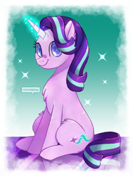 Size: 720x952 | Tagged: safe, artist:krisscheen, starlight glimmer, pony, unicorn, chest fluff, cute, female, glimmerbetes, glowing horn, looking at you, mare, sitting, smiling, solo