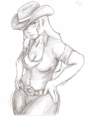Size: 1700x2338 | Tagged: safe, artist:sundown, applejack, human, applebucking thighs, grayscale, humanized, monochrome, neo noir, partial color, solo, traditional art