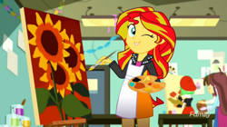 Size: 1278x717 | Tagged: safe, screencap, drama letter, sunset shimmer, velvet sky, watermelody, eqg summertime shorts, equestria girls, the art of friendship, apron, brush, clothes, easel, paint, painting, sunflower, sunset's painting