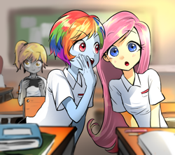 Size: 900x800 | Tagged: safe, artist:quizia, derpy hooves, fluttershy, rainbow dash, equestria girls, :o, alternate hairstyle, blushing, book, classroom, clothes, cute, desk, female, gossip, looking at you, open mouth, school uniform, shirt, short hair, smiling, talking, whispering, wide eyes