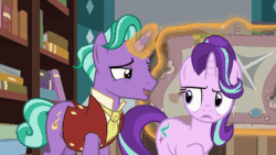 Size: 902x508 | Tagged: safe, screencap, firelight, starlight glimmer, pony, unicorn, the parent map, animated, annoyed, blanket, father and child, father and daughter, female, glowing horn, headscarf, magic, male, parent and child, scarf, telekinesis