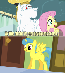 Size: 641x721 | Tagged: safe, edit, edited screencap, screencap, bulk biceps, fluttershy, lemon hearts, alicorn, pegasus, pony, rainbow falls, alicornified, blank flank, blonde, blonde mane, blonde tail, blue eyes, curtain, ear piercing, female, lemoncorn, looking to side, looking to the right, male, mare, meme, open mouth, piercing, pink mane, pink tail, princess blank flank, race swap, red eyes, replacement meme, smiling, spread wings, stallion, text, white coat, wings, yellow coat