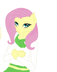 Size: 900x1142 | Tagged: safe, fluttershy, anthro, female, pink hair, simple background, solo, yellow coat