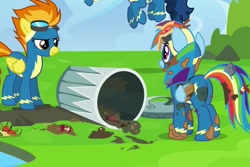 Size: 601x401 | Tagged: safe, derpibooru import, screencap, rainbow dash, spitfire, pegasus, pony, newbie dash, angry, clothes, cropped, dirty, duo focus, female, goggles, mare, trash can, uniform, wonderbolts uniform