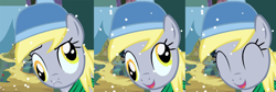 Size: 1646x554 | Tagged: artist needed, source needed, safe, derpy hooves, pony, beanie, clothes, cute, derpabetes, hat, scarf, silly, silly pony, smiling, snow, snowfall, solo, toque, tuque