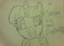 Size: 946x687 | Tagged: safe, artist:linkinparkbrony, derpibooru import, twilight sparkle, sketch, smiling, solo, traditional art