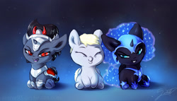 Size: 2035x1164 | Tagged: safe, artist:sverre93, derpy hooves, king sombra, nightmare moon, pony, unicorn, colt, colt sombra, cute, daaaaaaaaaaaw, derpabetes, duckface, eyes closed, filly, hnnng, male, moonabetes, nightmare woon, sitting, sombradorable