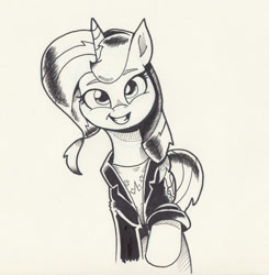 Size: 766x782 | Tagged: safe, artist:saturdaymorningproj, sunset shimmer, pony, unicorn, clothes, female, jacket, looking at you, mare, monochrome, solo, traditional art