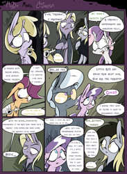 Size: 1235x1690 | Tagged: safe, artist:slitherpon, derpy hooves, diamond tiara, dinky hooves, scootaloo, silver spoon, sweetie belle, oc, oc:alterius hooves, pegasus, pony, alternate universe, comic, condescending, female, mare, moody mark crusaders, snobby