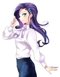 Size: 650x837 | Tagged: safe, artist:megarexetera, rarity, human, aside glance, colored pupils, female, humanized, looking at you, nail polish, sideways glance, simple background, smiling, solo, white background