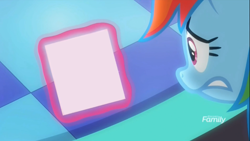 Size: 1280x720 | Tagged: safe, derpibooru import, edit, edited screencap, editor:michaelsety, screencap, rainbow dash, pegasus, pony, grannies gone wild, blank, discovery family logo, insert picture here, levitation, looking, magic, meme, picture, telekinesis