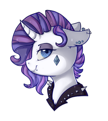 Size: 1341x1500 | Tagged: safe, artist:shyshyoctavia, rarity, pony, unicorn, alternate hairstyle, alternative cutie mark placement, bust, choker, ear piercing, facial cutie mark, floppy ears, lidded eyes, lip piercing, piercing, portrait, punk, safety pin, simple background, smiling, solo, spiked choker, transparent background