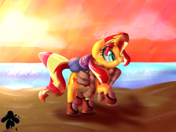 Size: 4000x3000 | Tagged: safe, artist:katakiuchi4u, sunset shimmer, pony, unicorn, absurd resolution, beach, boots, clothes, cute, female, mare, ocean, sand, scarf, shimmerbetes, shoes, smiling, solo