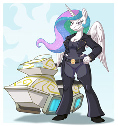 Size: 500x532 | Tagged: source needed, useless source url, safe, artist:chadrocco, princess celestia, anthro, belt, biker, biker princess from equestria, boots, breasts, cleavage, clothes, high heel boots, hoverbike, jacket, jeans, leotard, pants, princess breastia, shoes, swimsuit