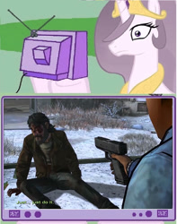 Size: 728x924 | Tagged: safe, princess celestia, alicorn, pony, clementine (walking dead), exploitable meme, gun, kenny, meme, obligatory pony, spoiler, the walking dead, tv meme