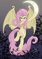 Size: 751x1063 | Tagged: safe, artist:ladynanaki, fluttershy, bat pony, pony, bats!, flutterbat, flying, moon, night, race swap, solo