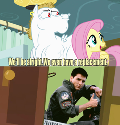 Size: 640x668 | Tagged: safe, bulk biceps, fluttershy, pegasus, pony, blonde, blonde mane, blonde tail, blue eyes, curtain, ear piercing, exploitable meme, female, looking to side, looking to the right, male, mare, maverick, meme, open mouth, piercing, pink mane, pink tail, red eyes, replacement meme, roid rage, smiling, spread wings, stallion, text, top gun, white coat, wings, yellow coat