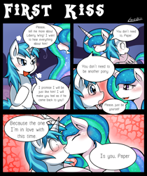 Size: 1300x1544 | Tagged: safe, artist:vavacung, princess celestia, oc, oc:paper mache, alicorn, pony, comic:to love god - to love mortal, blushing, canon x oc, comic, crying, female, kissing, lesbian, mare, open mouth, smiling, sweat