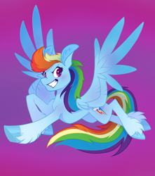 Size: 1440x1627 | Tagged: safe, artist:miaoumaou, derpibooru import, rainbow dash, pegasus, pony, cutie mark, female, flying, gradient background, grin, smiling, solo, spread wings, unshorn fetlocks, wings