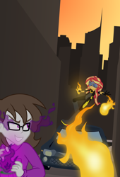 Size: 1024x1509 | Tagged: safe, artist:mlp-trailgrazer, sunset shimmer, oc, oc:malcontent, equestria girls, building, car, clothes, equestrian city, fiery shimmer, fire, glasses, magic